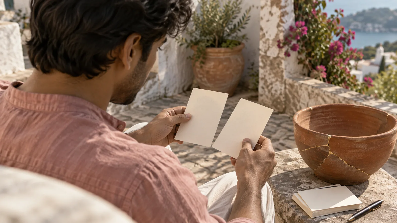 Novelist in a dusty rose shirt compares blank cream planning cards beside a terracotta basin on a stone bench