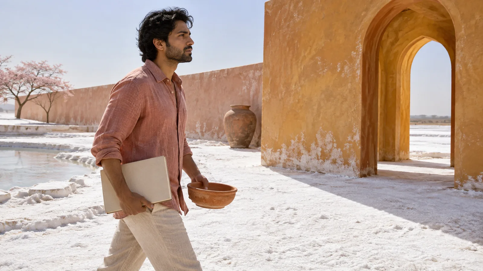 Adult novelist carries a cream manuscript and terracotta basin beside an ochre arch in a white salt courtyard