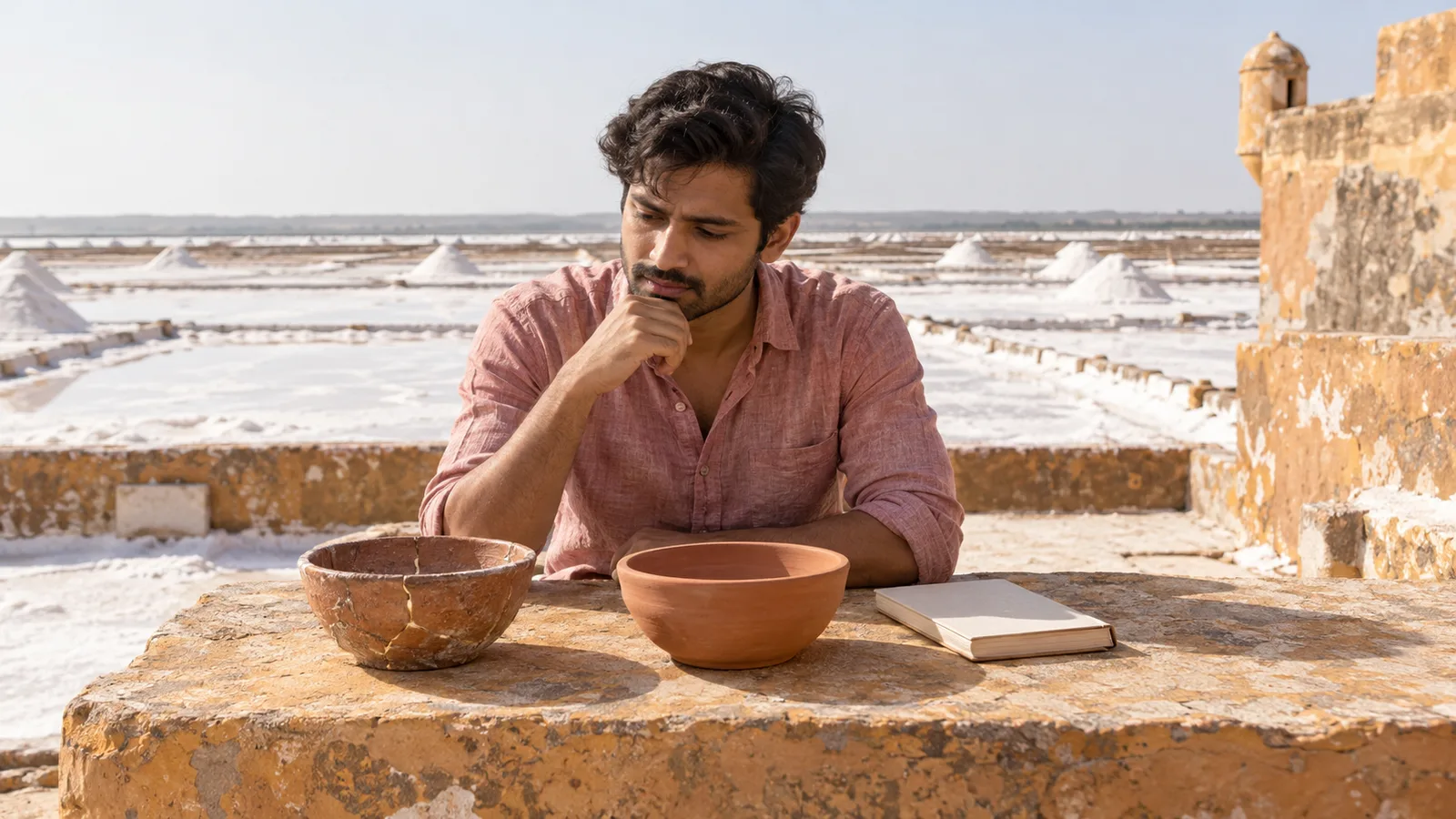 Adult novelist in a dusty rose shirt considers terracotta basins beside a manuscript in a sunlit salt courtyard