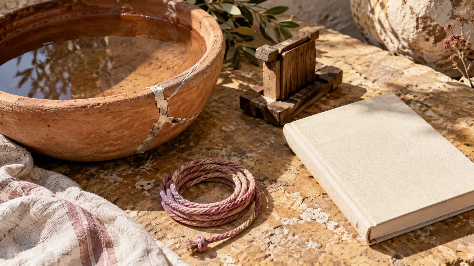 Repaired terracotta basin, wooden channel piece, cream manuscript and coiled pink cord on an ochre table