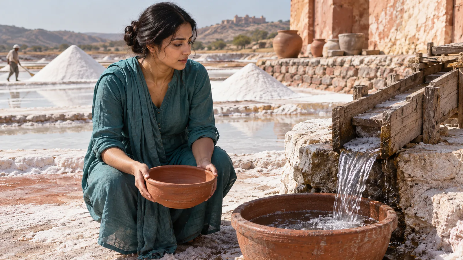 Adult woman in teal holds an empty terracotta basin beside a narrow water channel in a bright salt courtyard