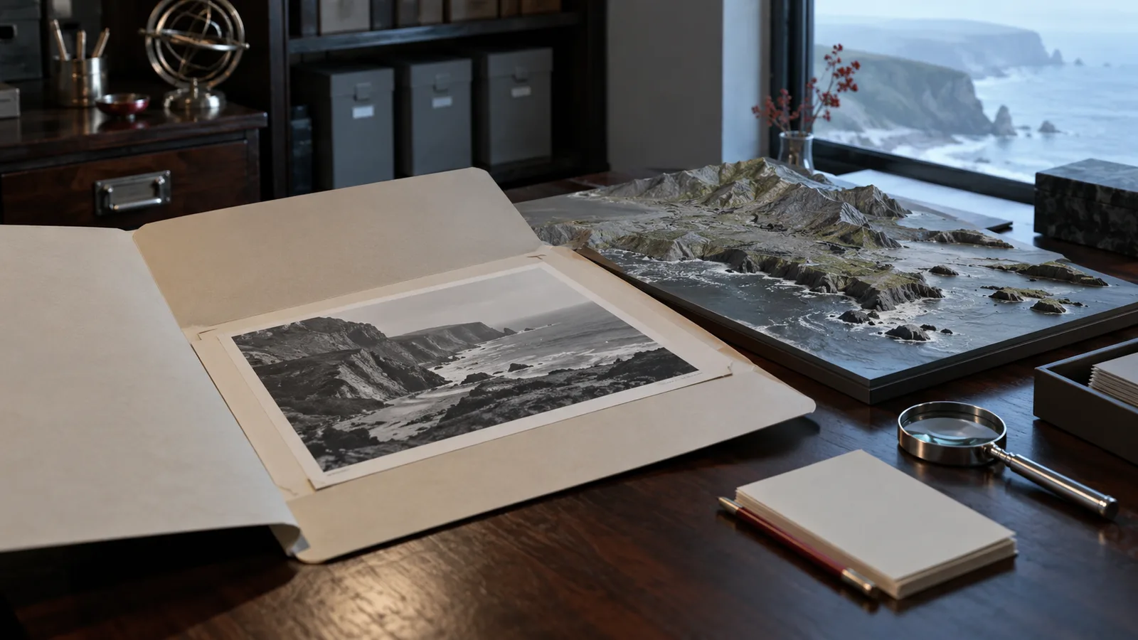 Una carpeta de archivo abierta con una fotografía del litoral junto a una maqueta y notas en blanco