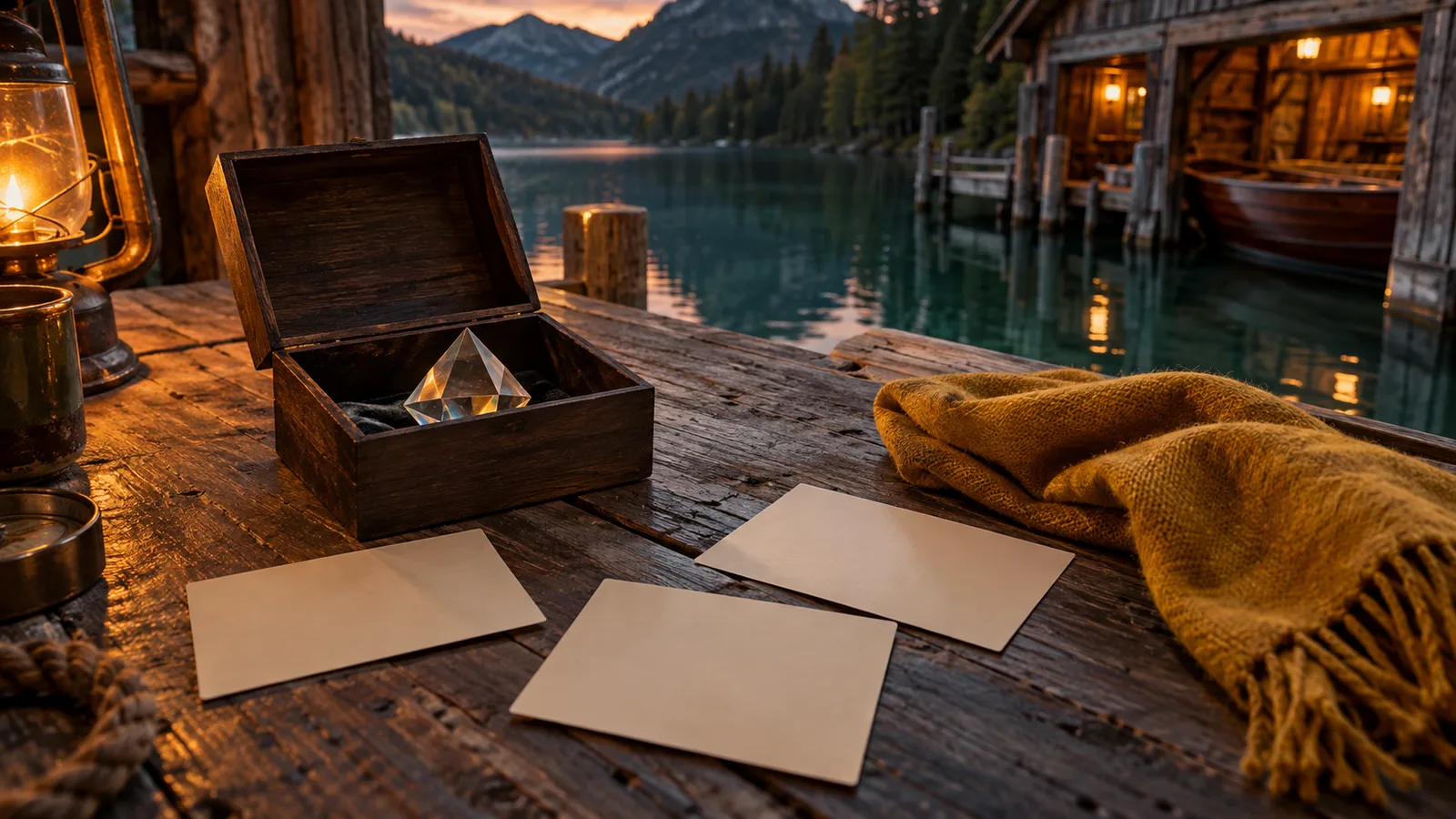 Glasprisma in einer offenen Holzkiste neben drei leeren Karten und senfgelbem Stoff auf einem Tisch am See