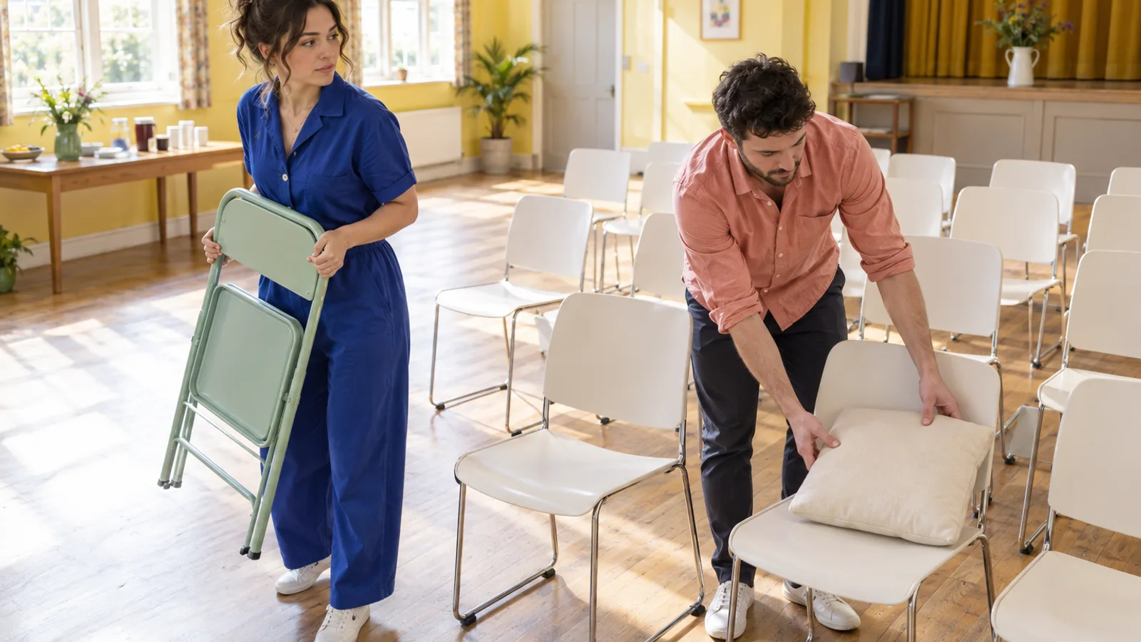 Woman carries a folded mint chair while a man places a cream cushion on a white chair in a yellow hall