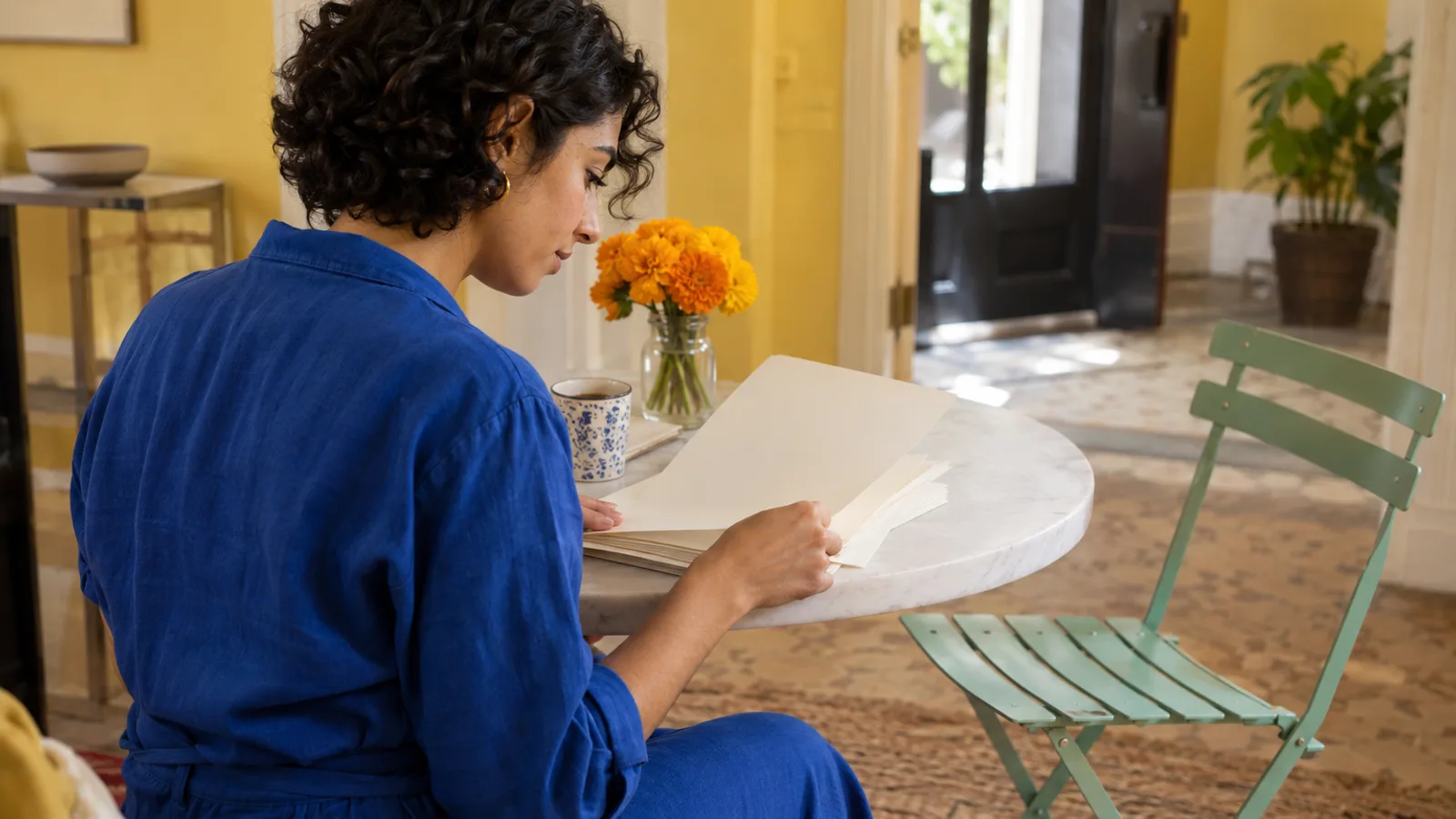 Adult writer in cobalt reviews blank manuscript sheets at a white table beside a mint chair in a yellow hall lobby
