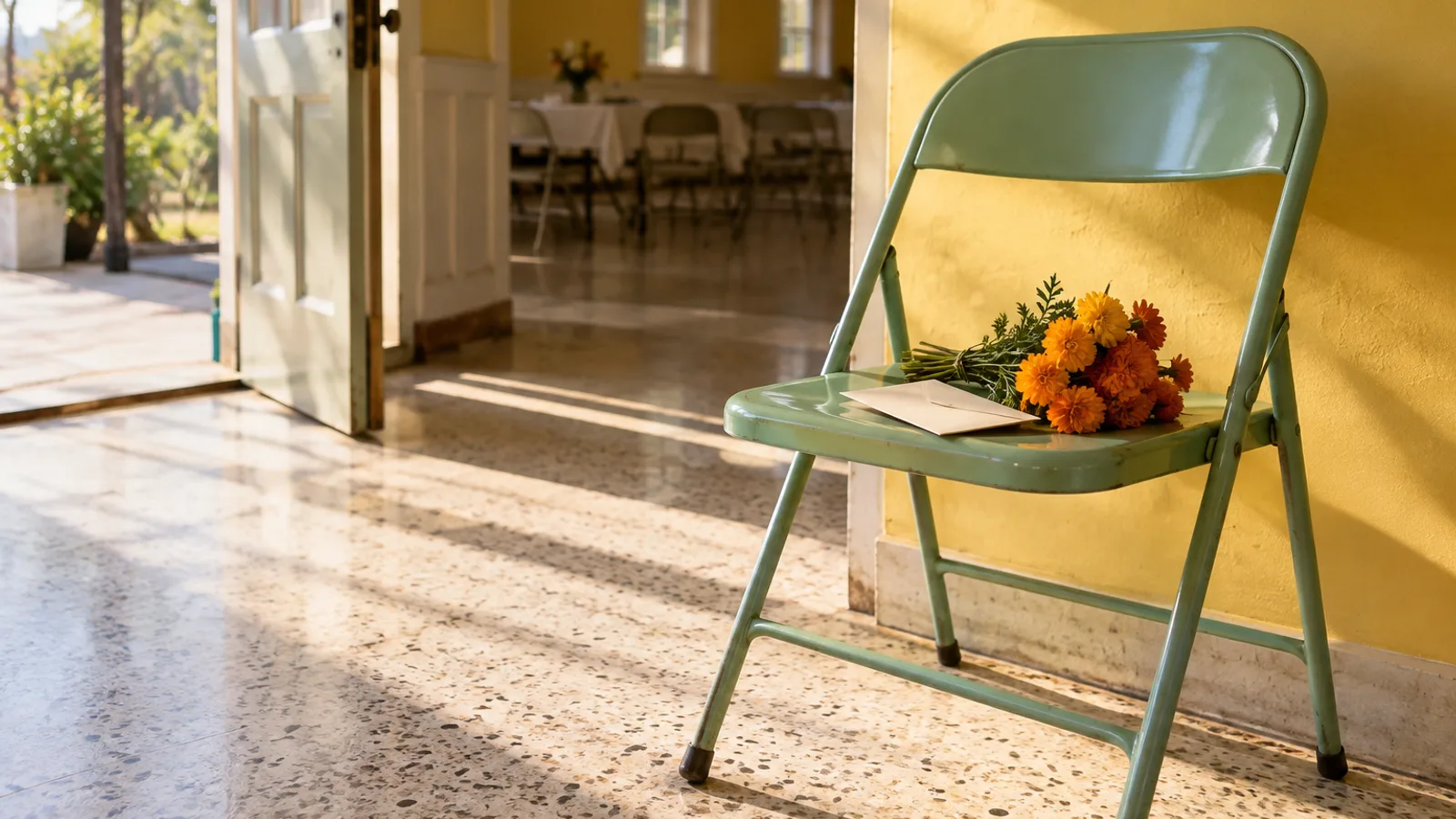 Mint folding chair with a plain cream envelope and marigold bouquet beside a doorway in a yellow hall