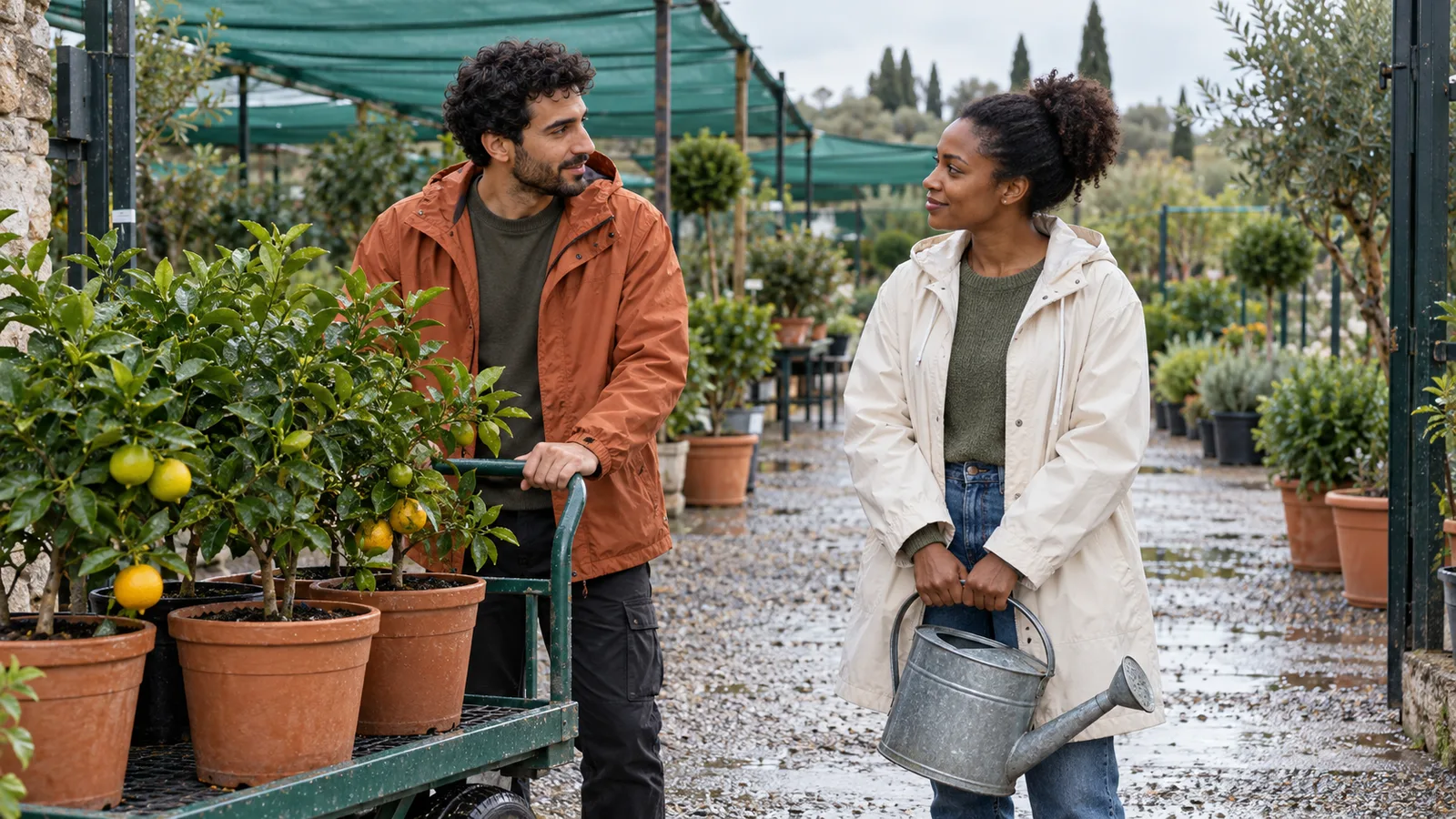 Jardinero con chaqueta color óxido conversa con una mujer de impermeable crema junto a varios cítricos sobre un carro de vivero