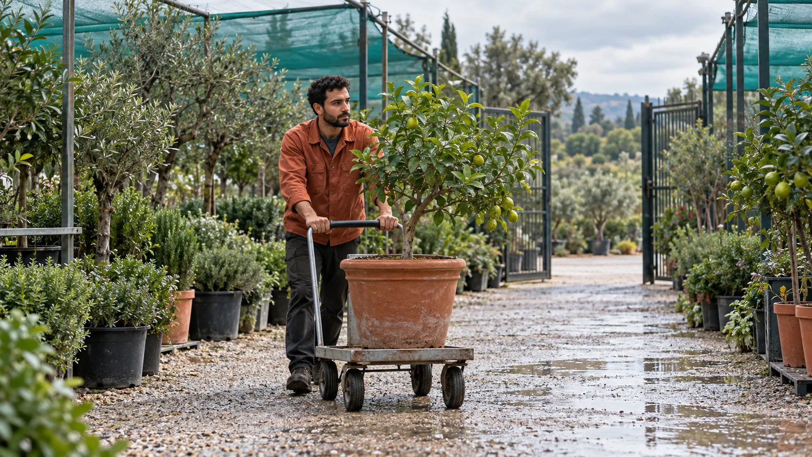 Jardinero adulto con chaqueta color óxido empuja un carro con un cítrico hacia la puerta abierta de un vivero al aire libre