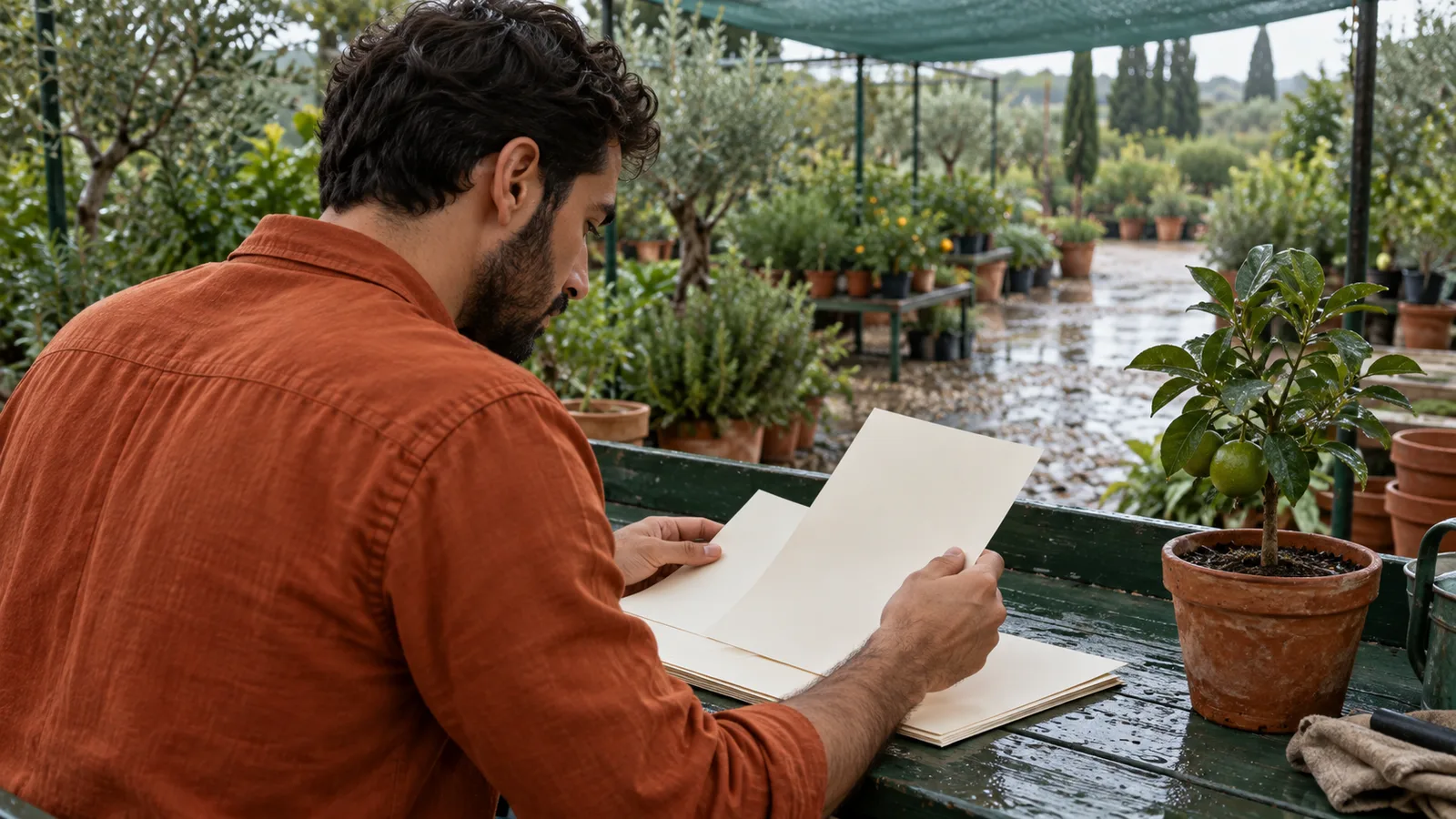 Escritor adulto con sobrecamisa color óxido revisa hojas de manuscrito sin texto en una mesa verde de vivero junto a un pequeño cítrico
