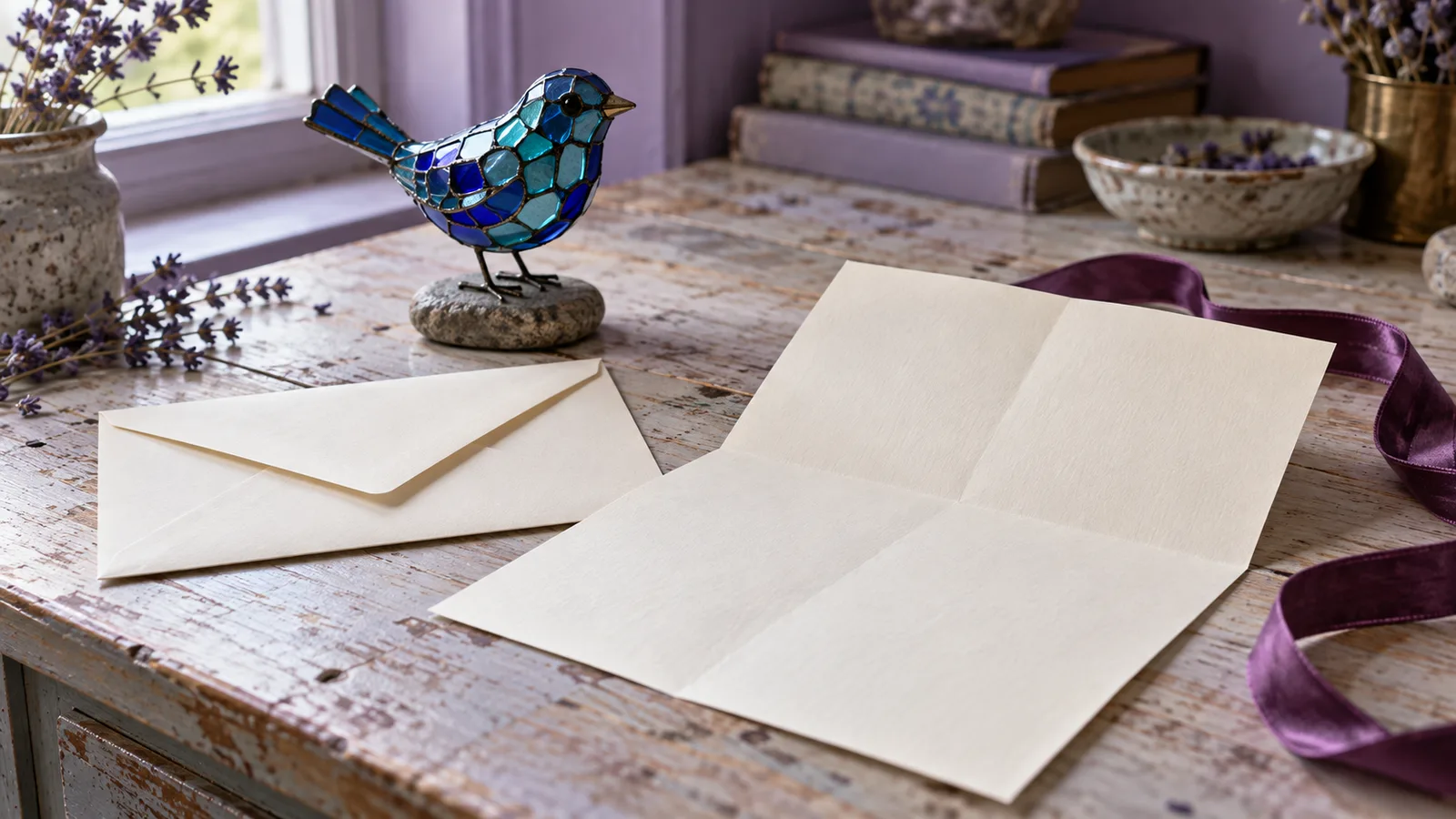 Unbeschrifteter Brief und heller Umschlag neben einem blaugrünen Vogel aus Glasmosaik auf einem Holztisch