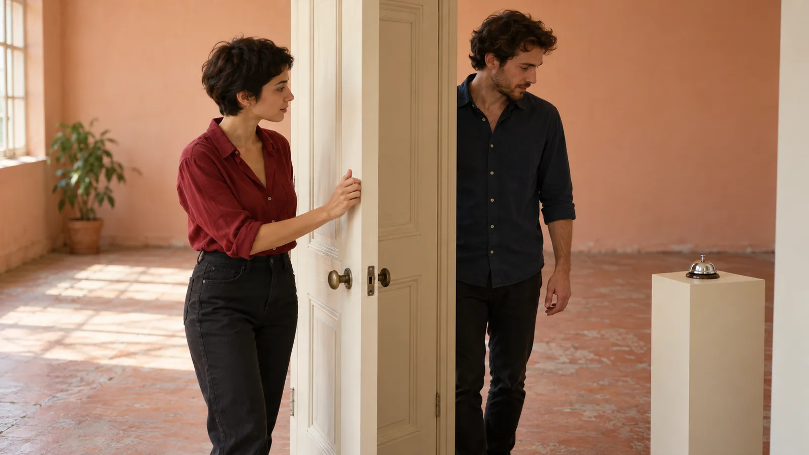 Adult woman holds a cream rehearsal-room door partly open while an adult man pauses beside the silver bell