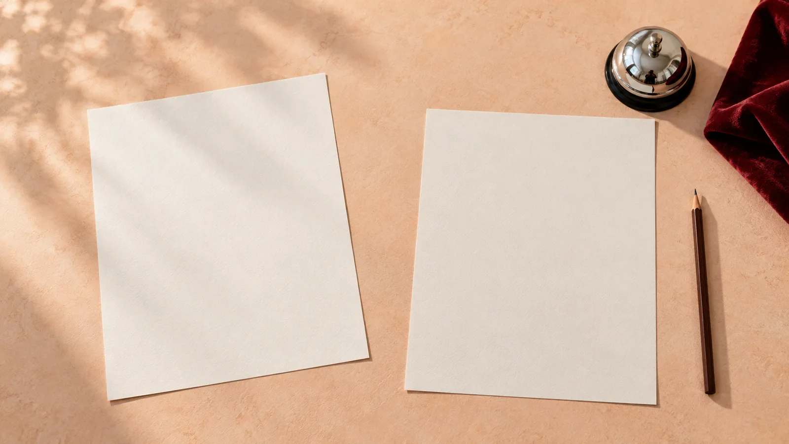 Two blank ivory draft sheets, a pencil, silver bell and folded ruby cloth on a peach table