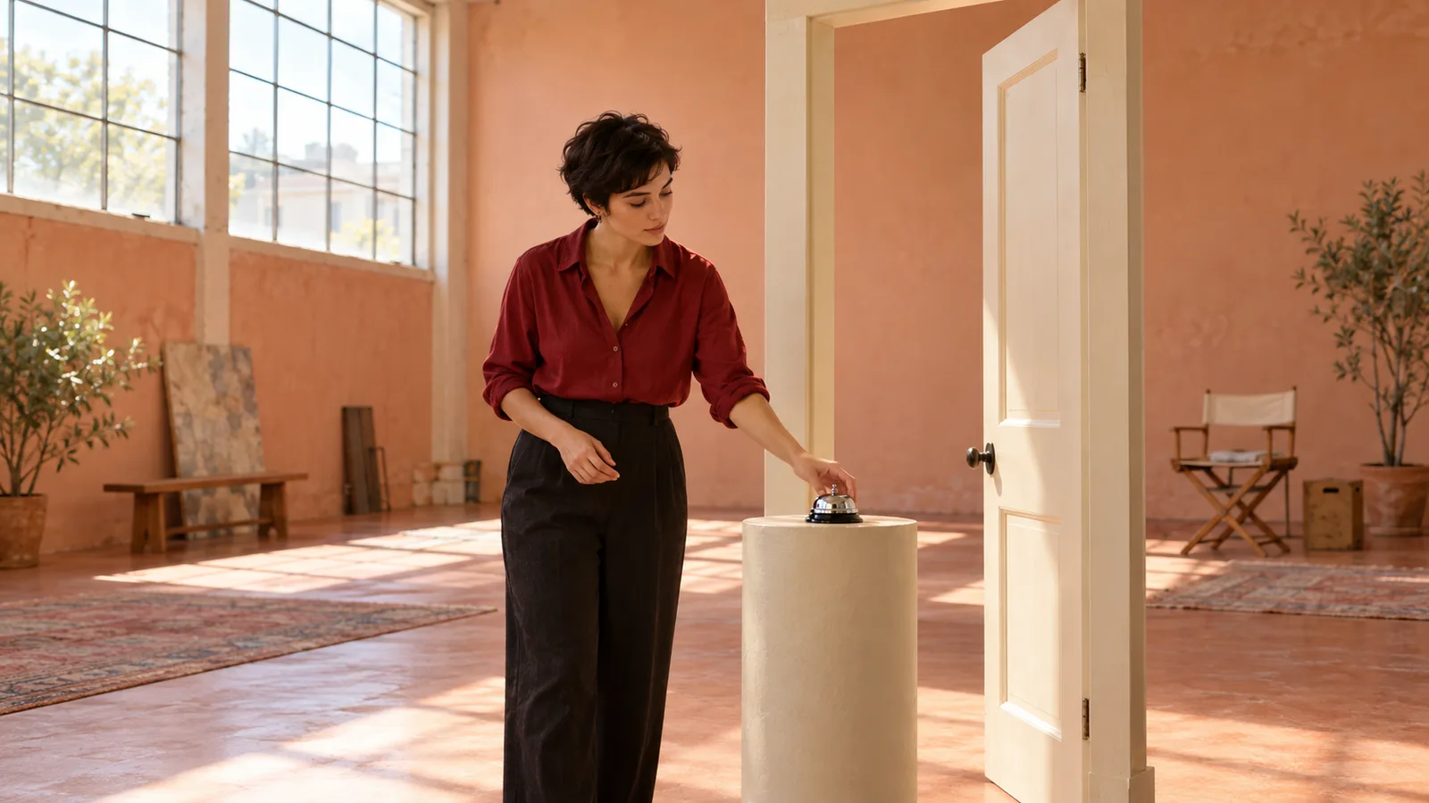 Adult filmmaker in a ruby shirt considers a silver desk bell beside a cream doorway in a peach rehearsal studio