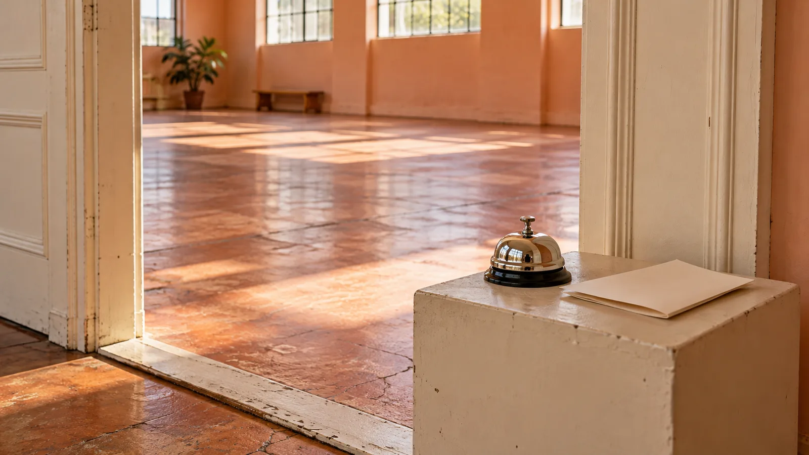Silver desk bell and blank folded planning sheet on a cream pedestal inside a freestanding doorway