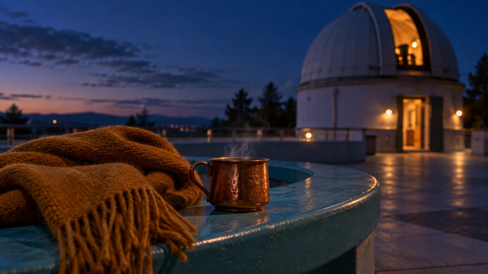 Copper cup with faint steam and folded amber scarf on a turquoise observatory bench at dusk