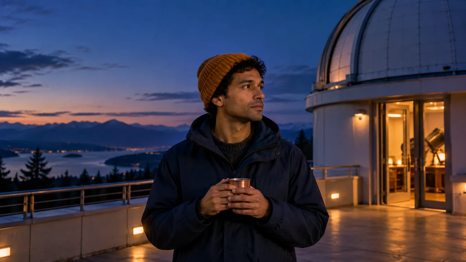 Adult man in an indigo jacket and amber beanie holds a copper cup on an observatory terrace at blue hour