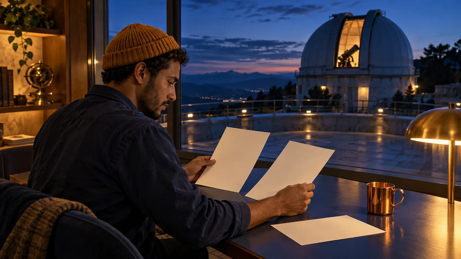 Adult writer in an amber beanie compares blank manuscript pages beside a copper cup and observatory window at blue hour