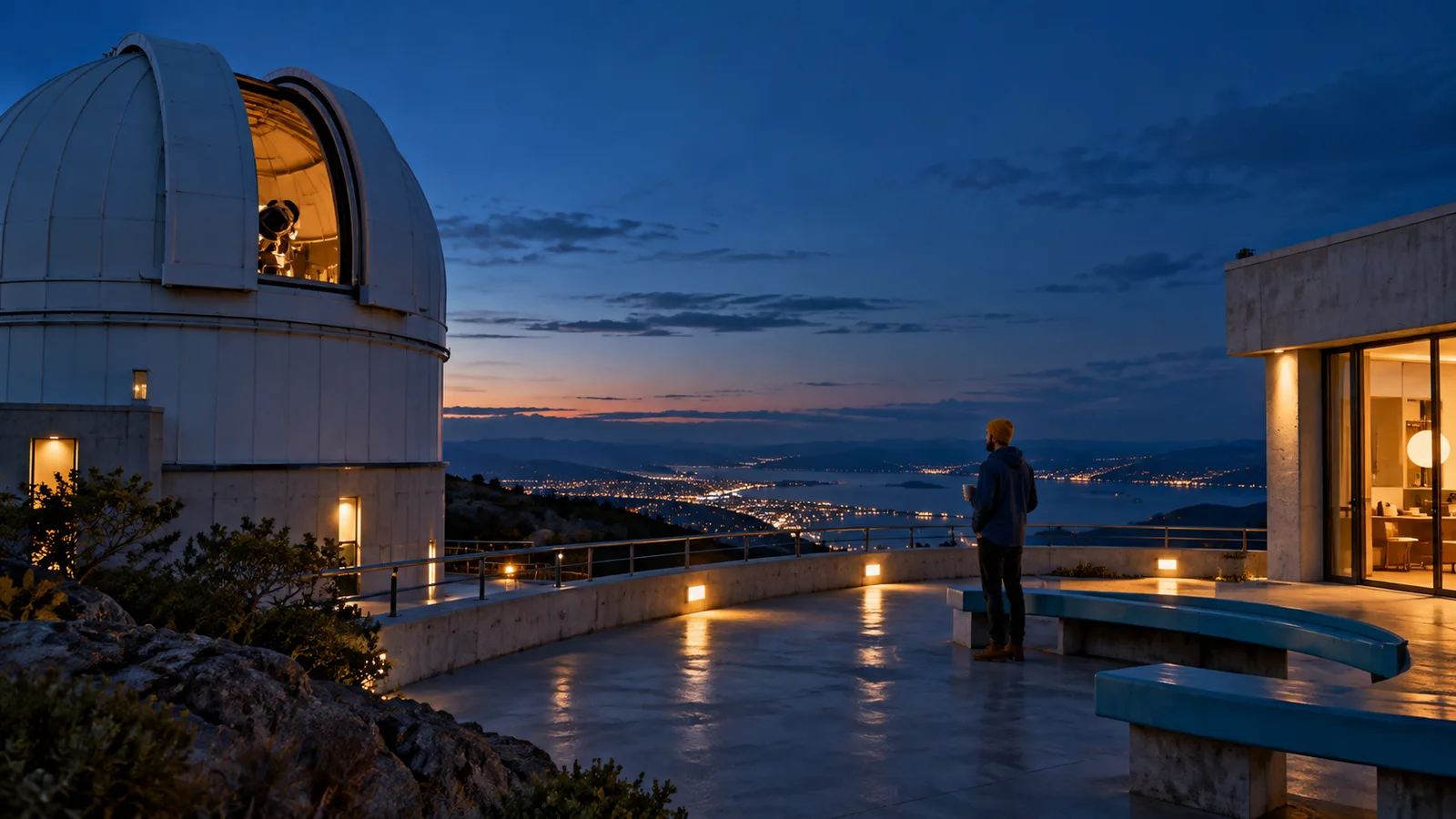 Wide observatory terrace with a small adult figure beside a curved turquoise bench, pale dome and warm doorway