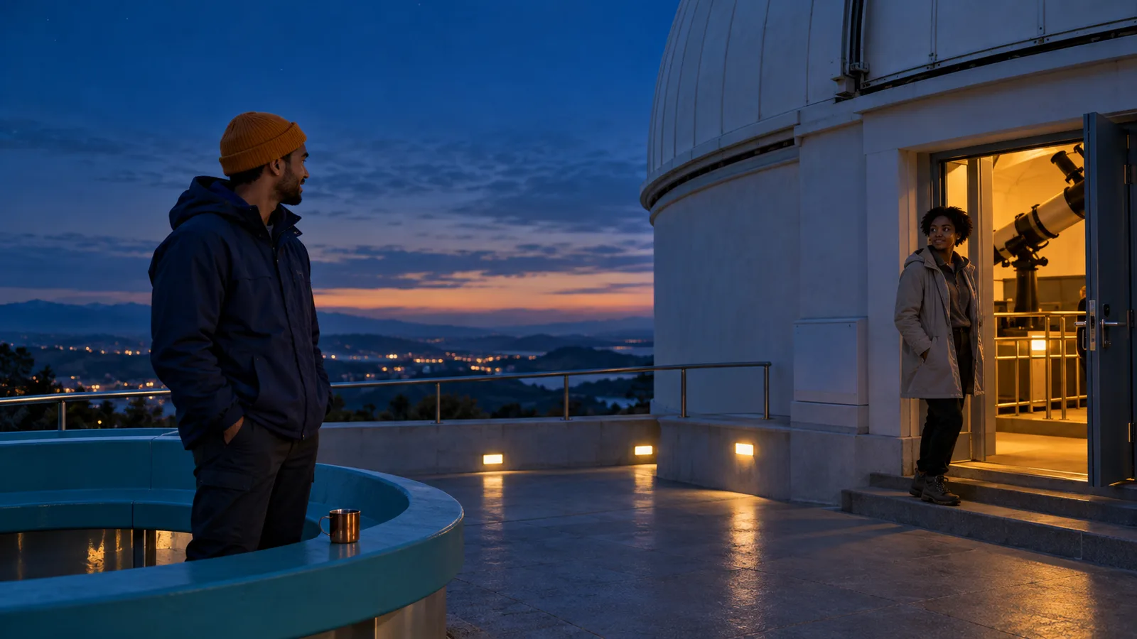 Two adults notice each other across an observatory terrace, with a copper cup resting on the turquoise bench