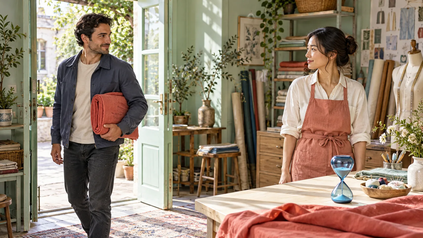 Adult man holding coral fabric stands at an open mint studio doorway while an adult woman in a salmon apron watches from the worktable