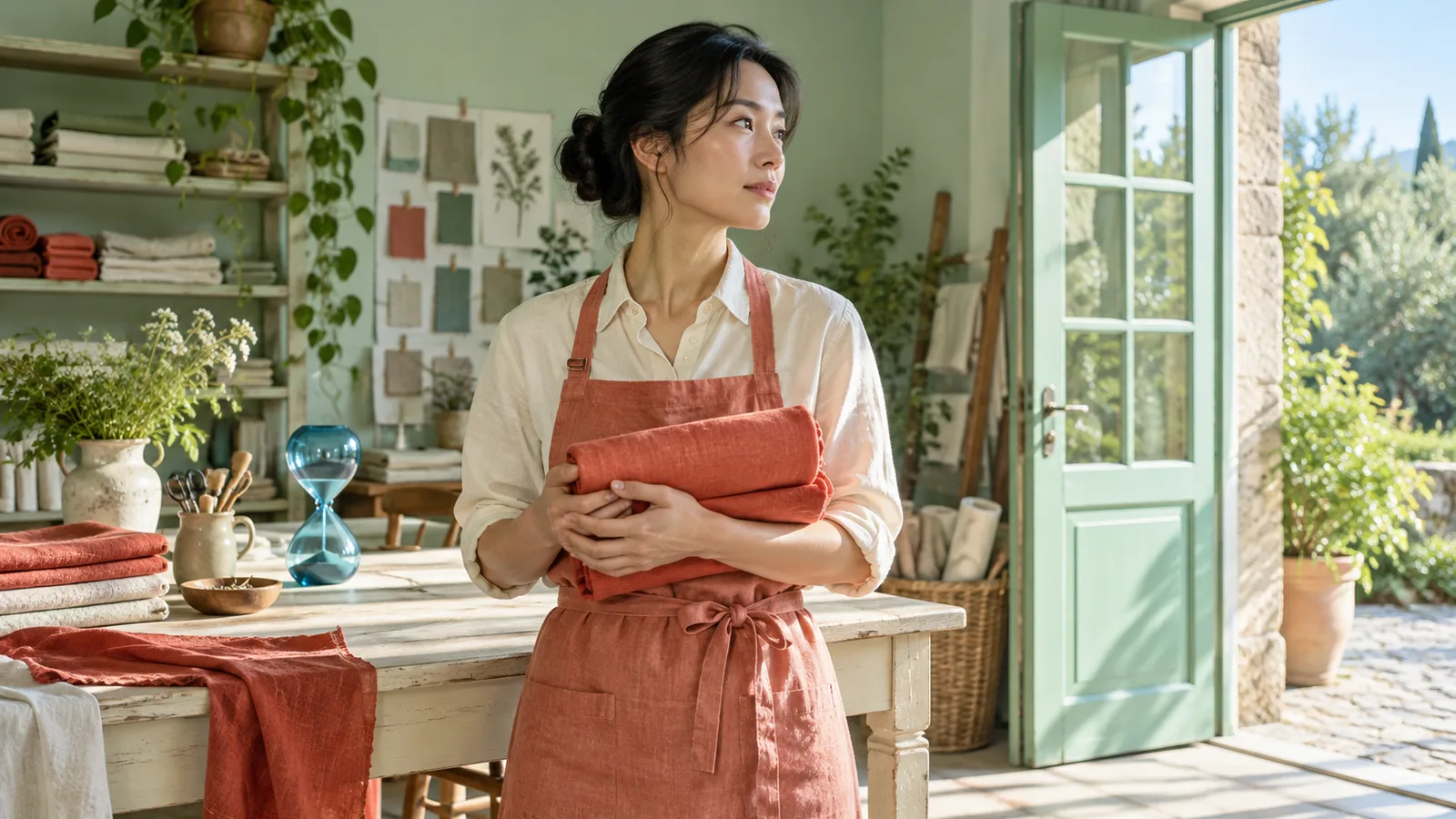 Adult woman in a salmon apron holds folded coral fabric beside an open mint atelier door and blue glass hourglass