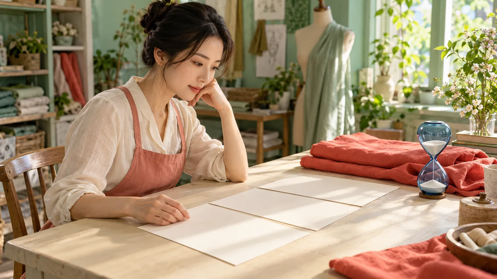 Adult woman in a salmon apron reviews blank manuscript pages beside coral fabric and a blue glass hourglass in a sunlit mint atelier