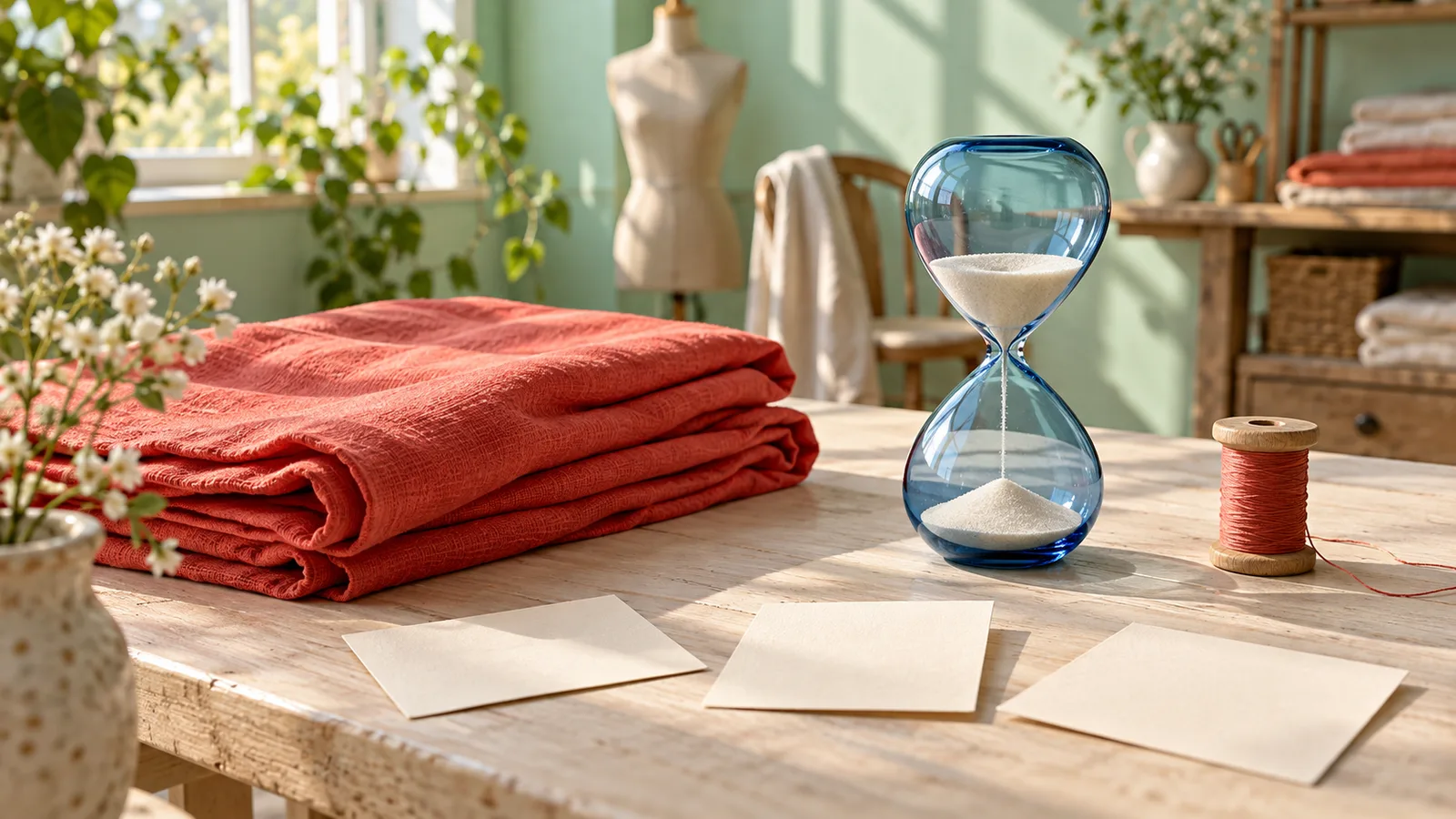 Coral fabric, blue glass hourglass, thread spool and three blank ivory cards on a cream atelier table