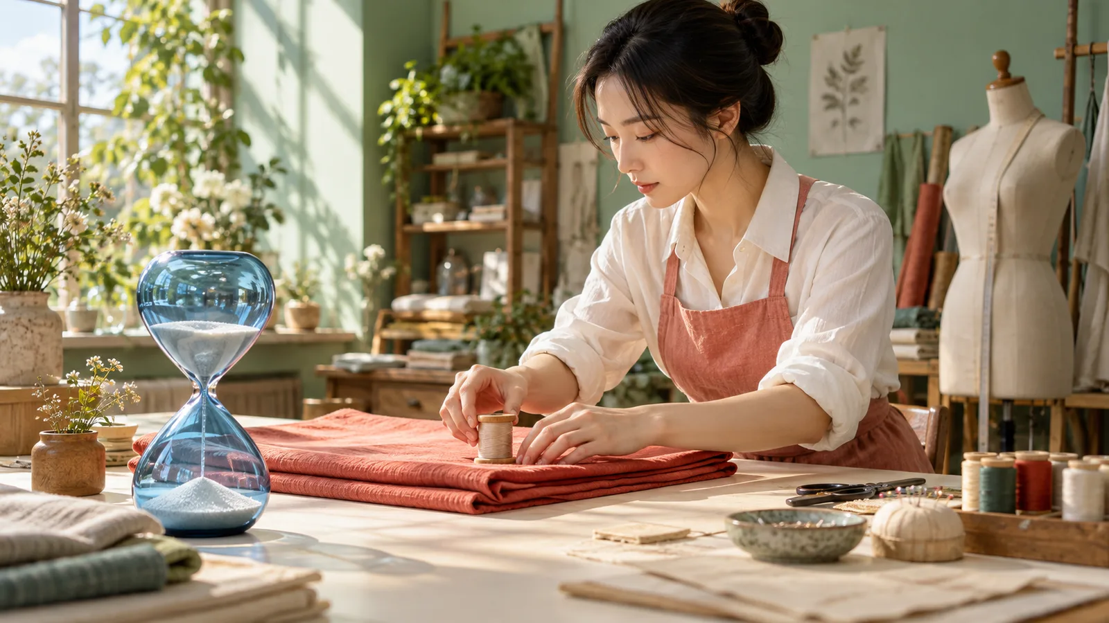 Adult woman in a salmon apron places a wooden thread spool beside coral fabric and a blue hourglass in a mint studio