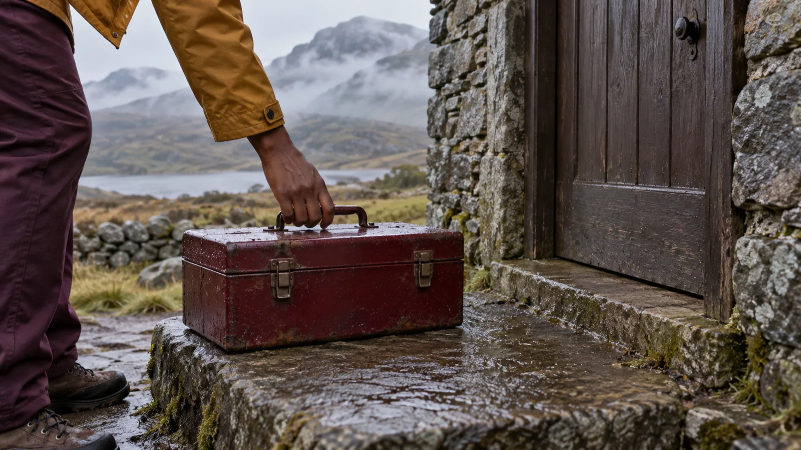 Burgundy metal tool case on a wet stone doorstep beside a closed wooden hut door and a woman’s ochre sleeve