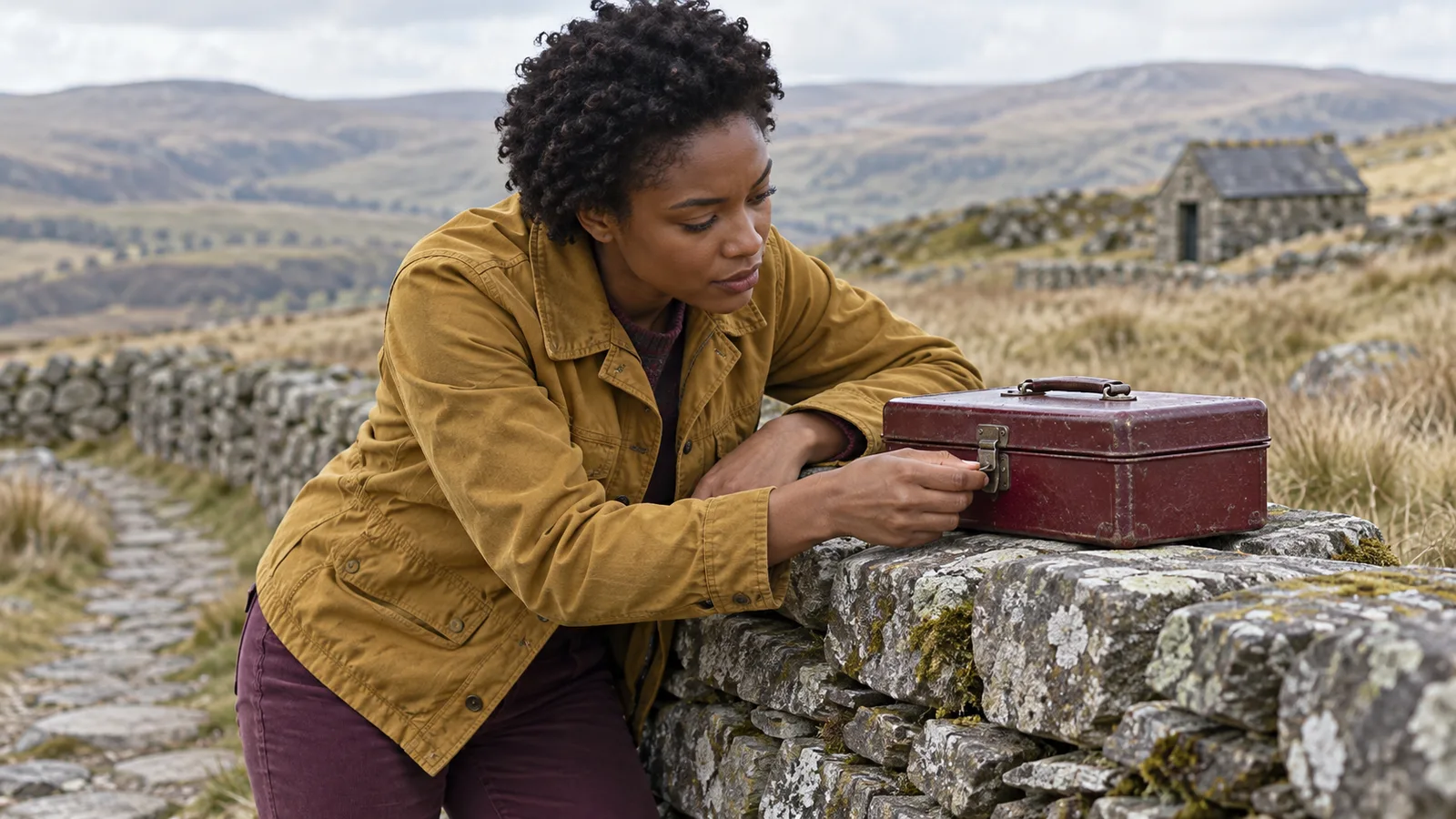 Adult woman examines the latch of a burgundy tool case on a dry stone wall with a hillside hut in the background