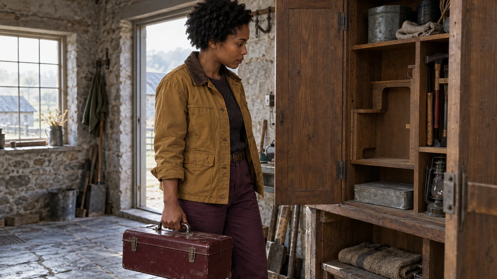 Woman in an ochre field jacket holds a closed burgundy tool case beside an open wooden cupboard in a stone depot