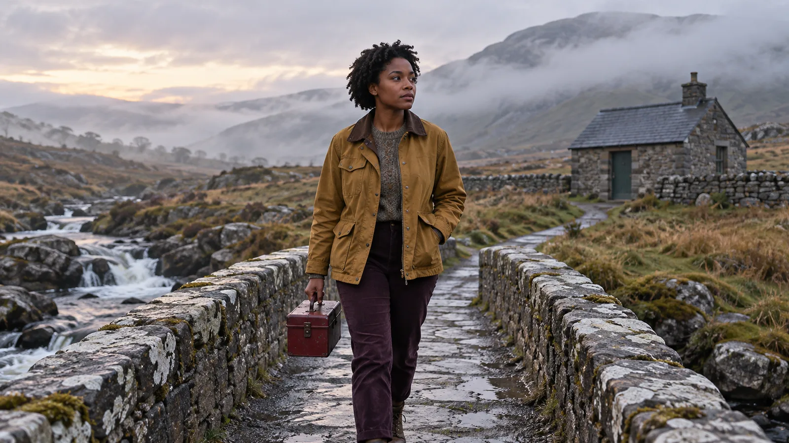 Adult woman in an ochre jacket carries a burgundy tool case across a stone bridge toward a misty hillside hut