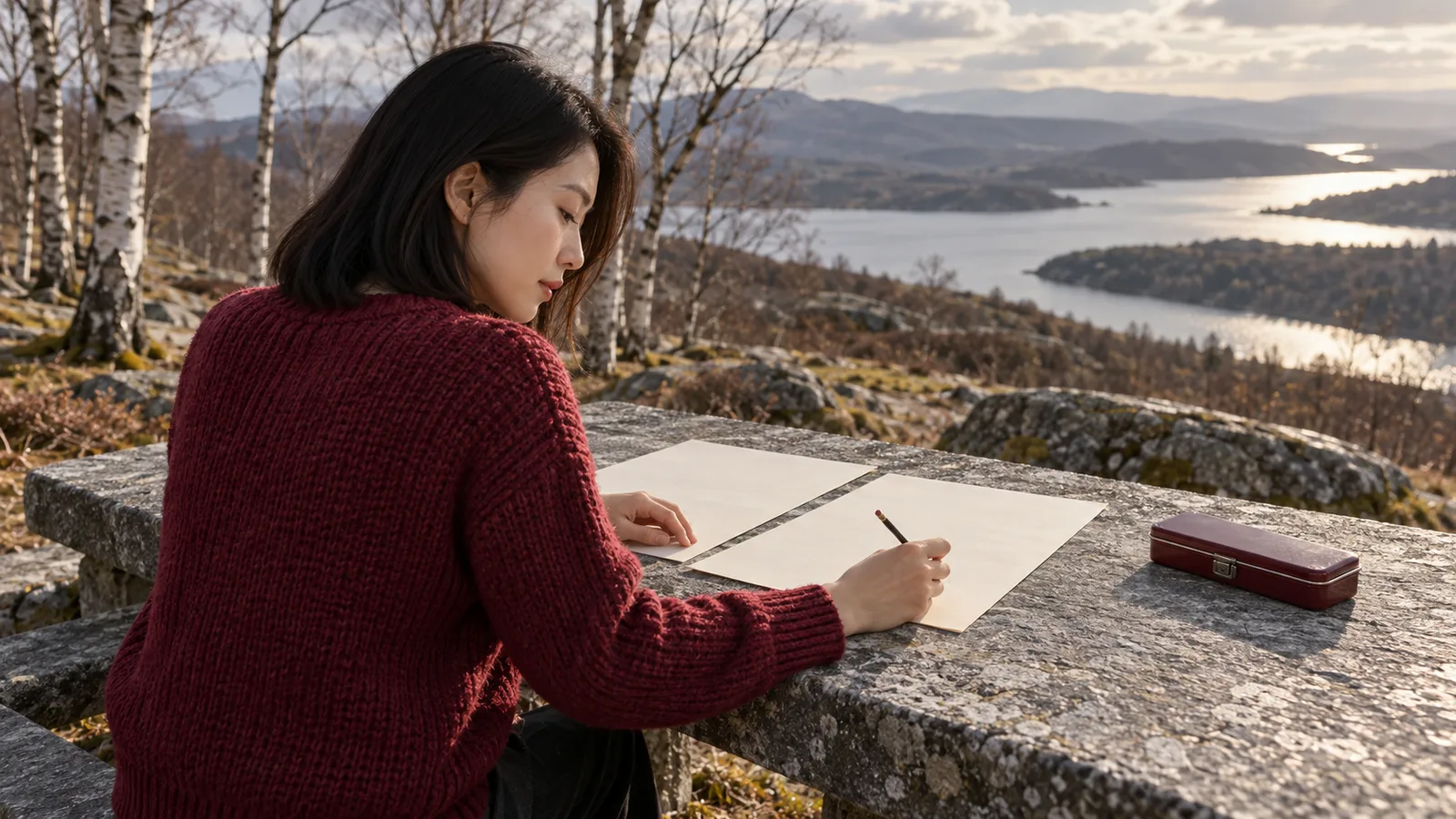 Adult writer in a cranberry sweater reviews two blank manuscript sheets with a pencil at a stone table above a lake