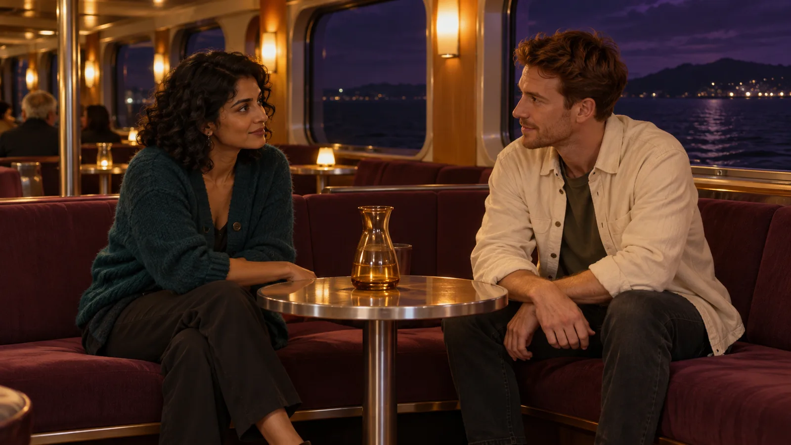 Adult woman in teal and adult man in a cream overshirt listen to each other across an amber carafe in a ferry lounge