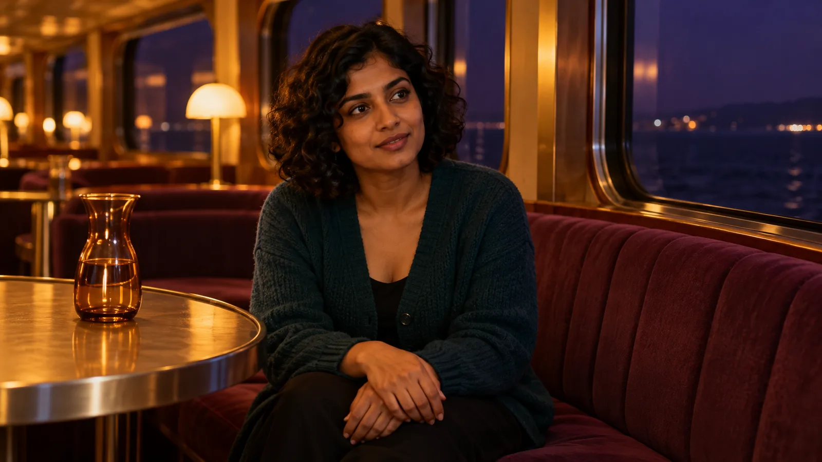 Adult storyteller in a teal cardigan sits with relaxed hands in an amber-lit ferry lounge with plum seats and dark windows