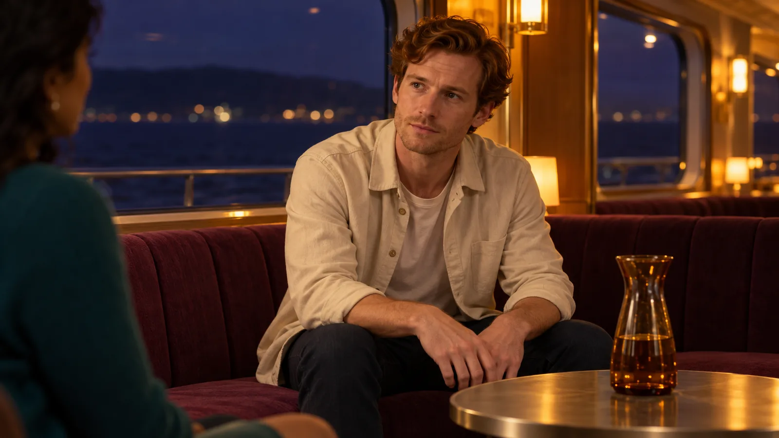 Adult auburn-haired listener in a cream overshirt leans forward on a plum ferry seat beside an amber glass carafe