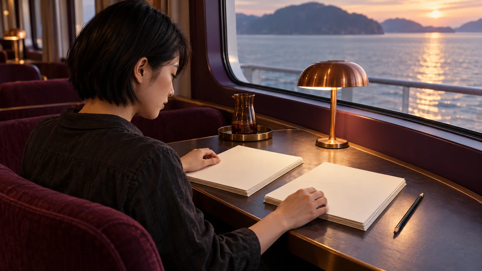 Adult writer with short black hair reviews two separate stacks of blank pages beside a copper lamp and amber carafe on a ferry