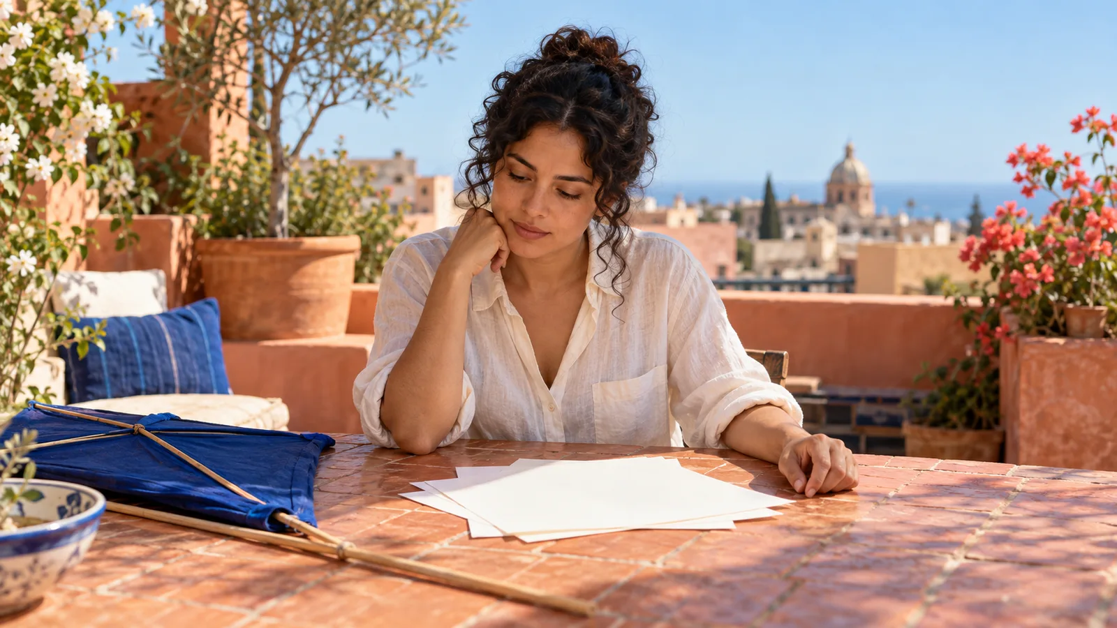 Escritora adulta con camisa crema revisa hojas en blanco junto a una cometa azul en una terraza de terracota iluminada por el sol