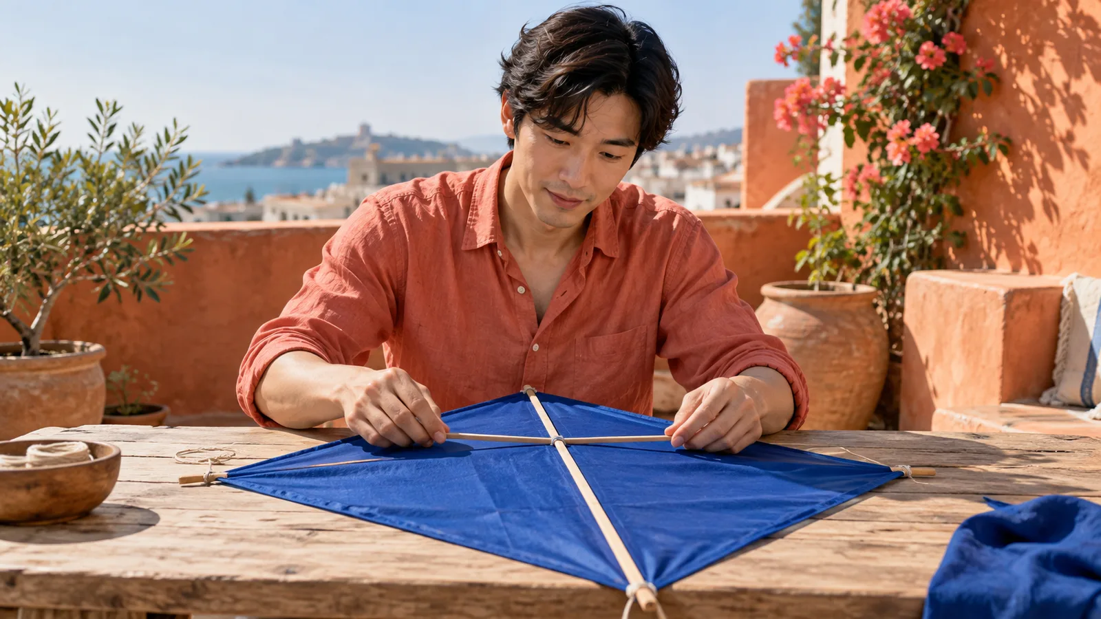 Hombre adulto con camisa coral coloca una varilla transversal sobre una cometa de tela azul en una mesa de terraza