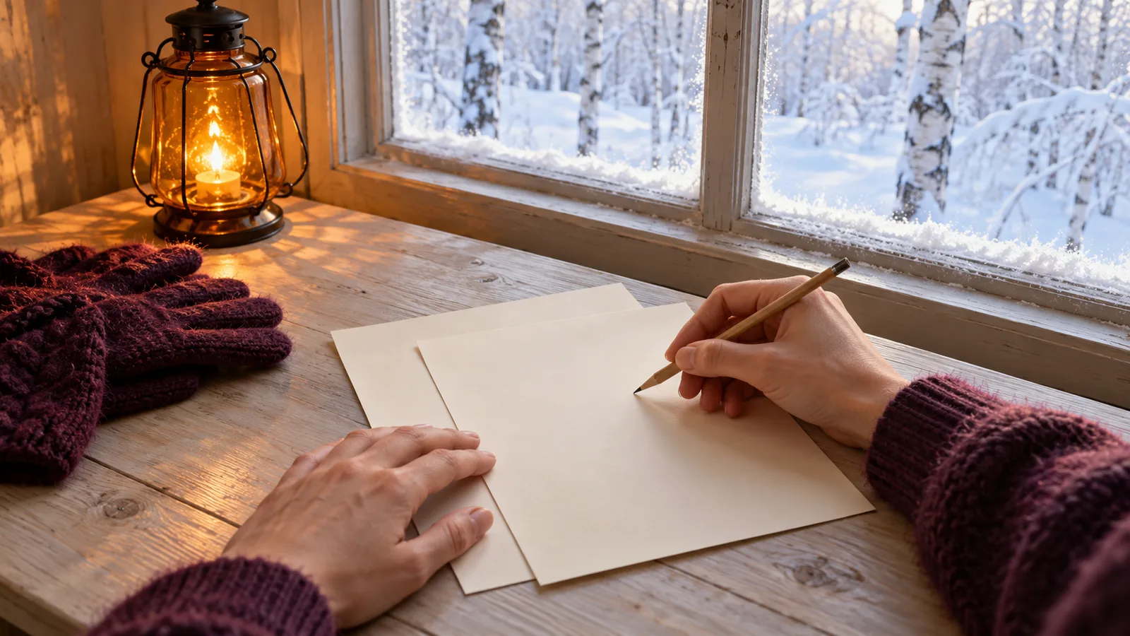 Mains adultes disposant deux feuilles de manuscrit crème vierges près d’une lanterne ambrée et de gants prune devant une fenêtre givrée