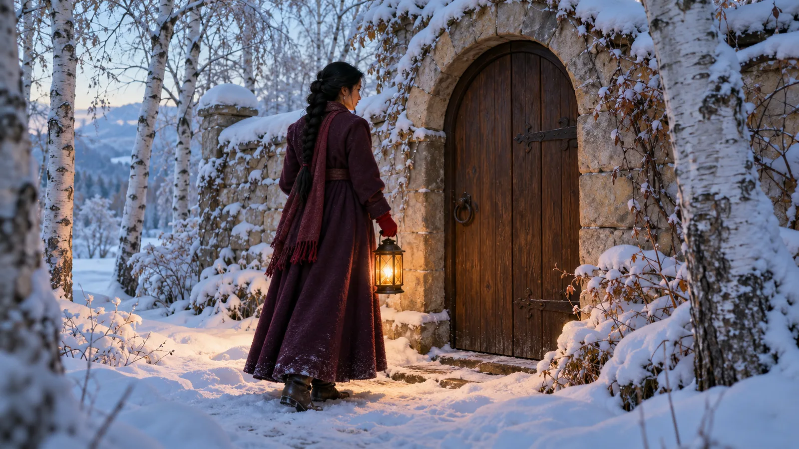 Femme adulte en manteau prune attendant avec une lanterne ambrée devant une porte de bois arrondie fermée parmi les bouleaux enneigés