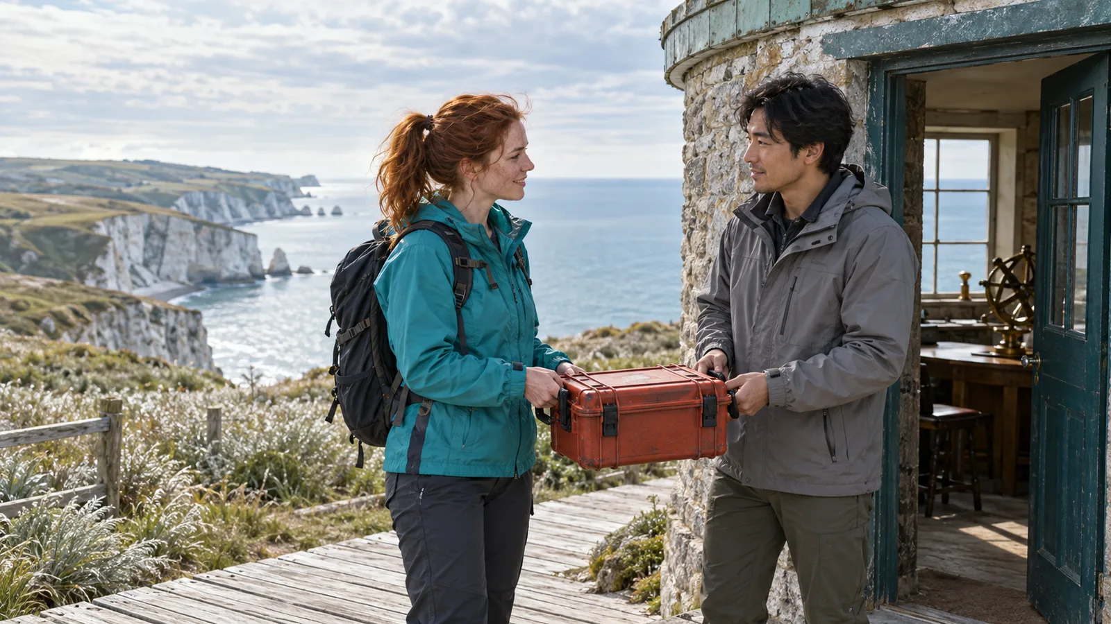 Adult traveler in a turquoise jacket presents a closed vermilion case at the doorway of a weathered stone coastal observatory