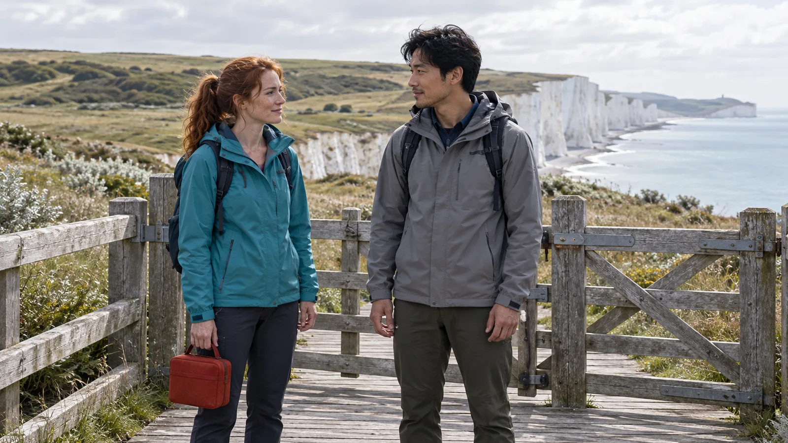 Two adult travelers in turquoise and gray jackets discuss their route before a closed wooden boardwalk gate, one carrying a vermilion case