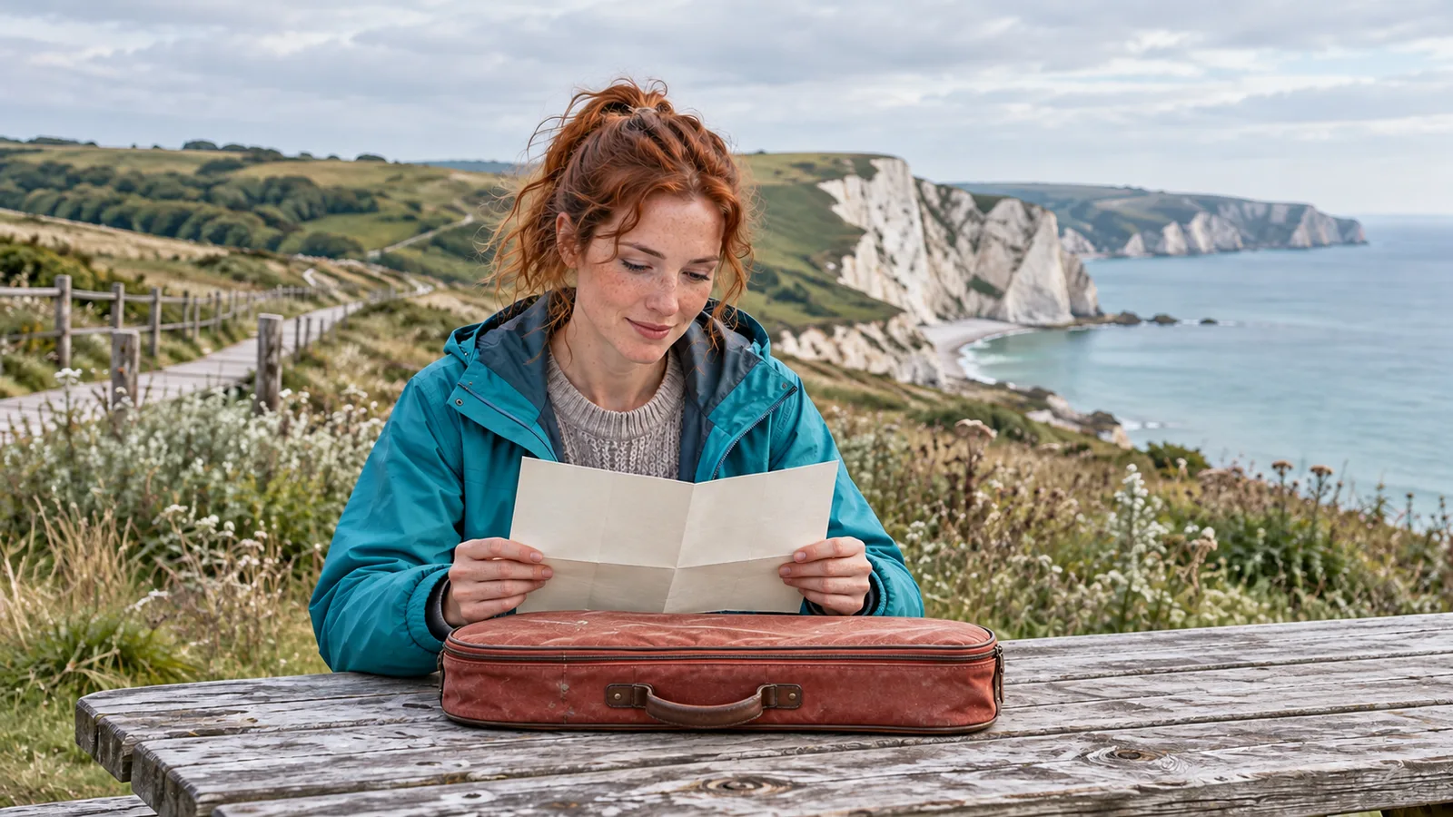 Adult writer in a turquoise rain jacket studies blank folded paper beside a vermilion canvas case at a coastal picnic table