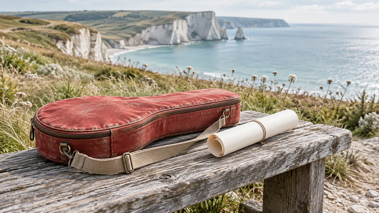 Closed vermilion canvas instrument case with carrying strap on a weathered coastal bench beside rolled blank cream paper