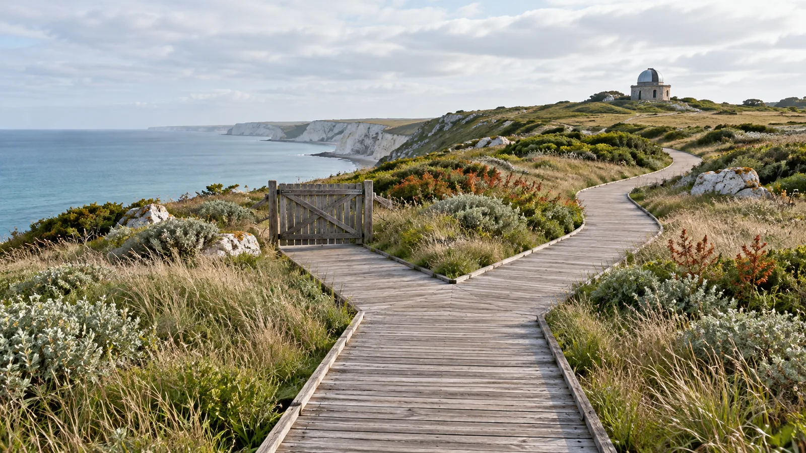 Weathered boardwalk forks through coastal grasses, with a closed wooden gate on one branch and an inland path toward a stone observatory