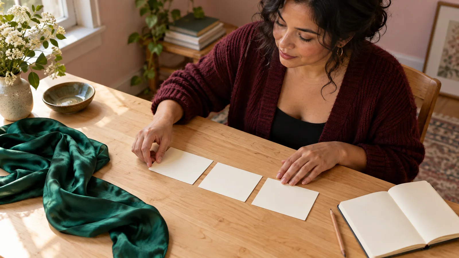 Escritora adulta organiza três cartões creme em branco ao lado de lenço verde e caderno aberto sobre uma mesa