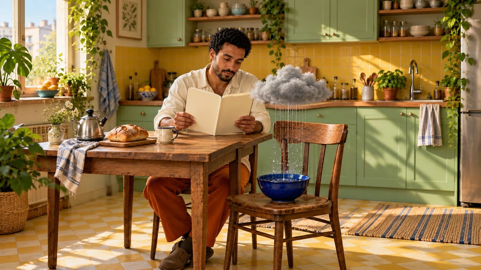 Adult author reads blank pages in a green kitchen beside a small cloud raining into a blue bowl on an empty chair