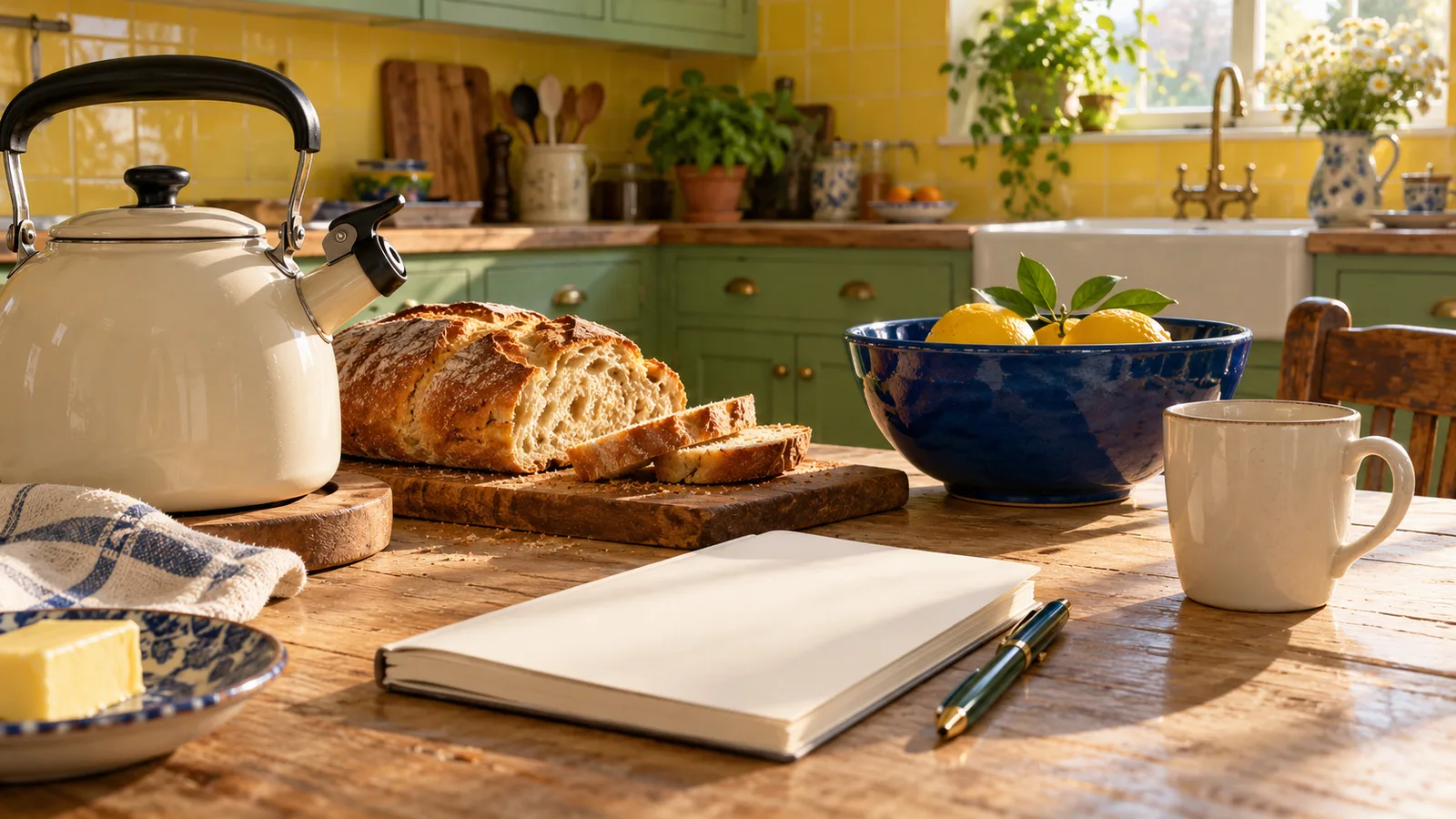 Plain kettle, sliced bread, ceramic bowls and a completely blank notebook on a sunlit wooden kitchen table