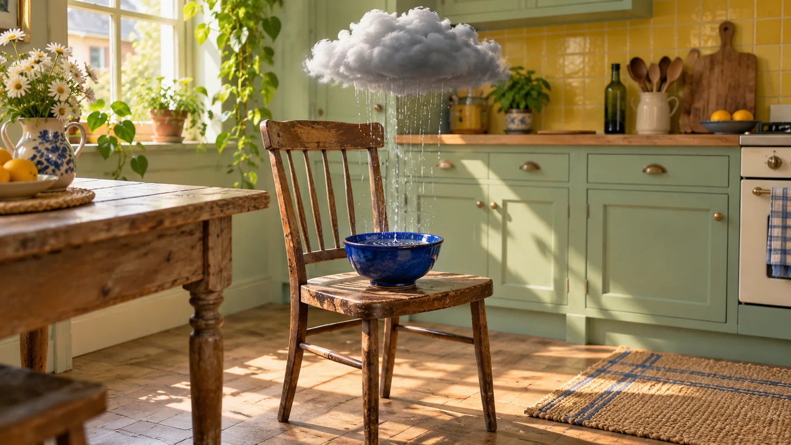 Small grey cloud rains into a blue ceramic bowl on an empty wooden chair in a green and yellow kitchen